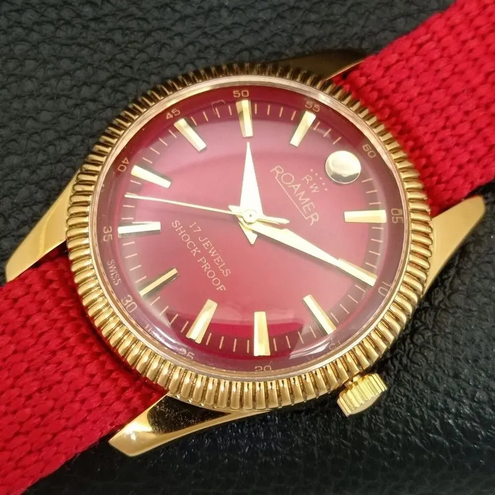 Vintage 1977 Roamer Manual Mens Gold Watch W/Nato Strap & Red accents